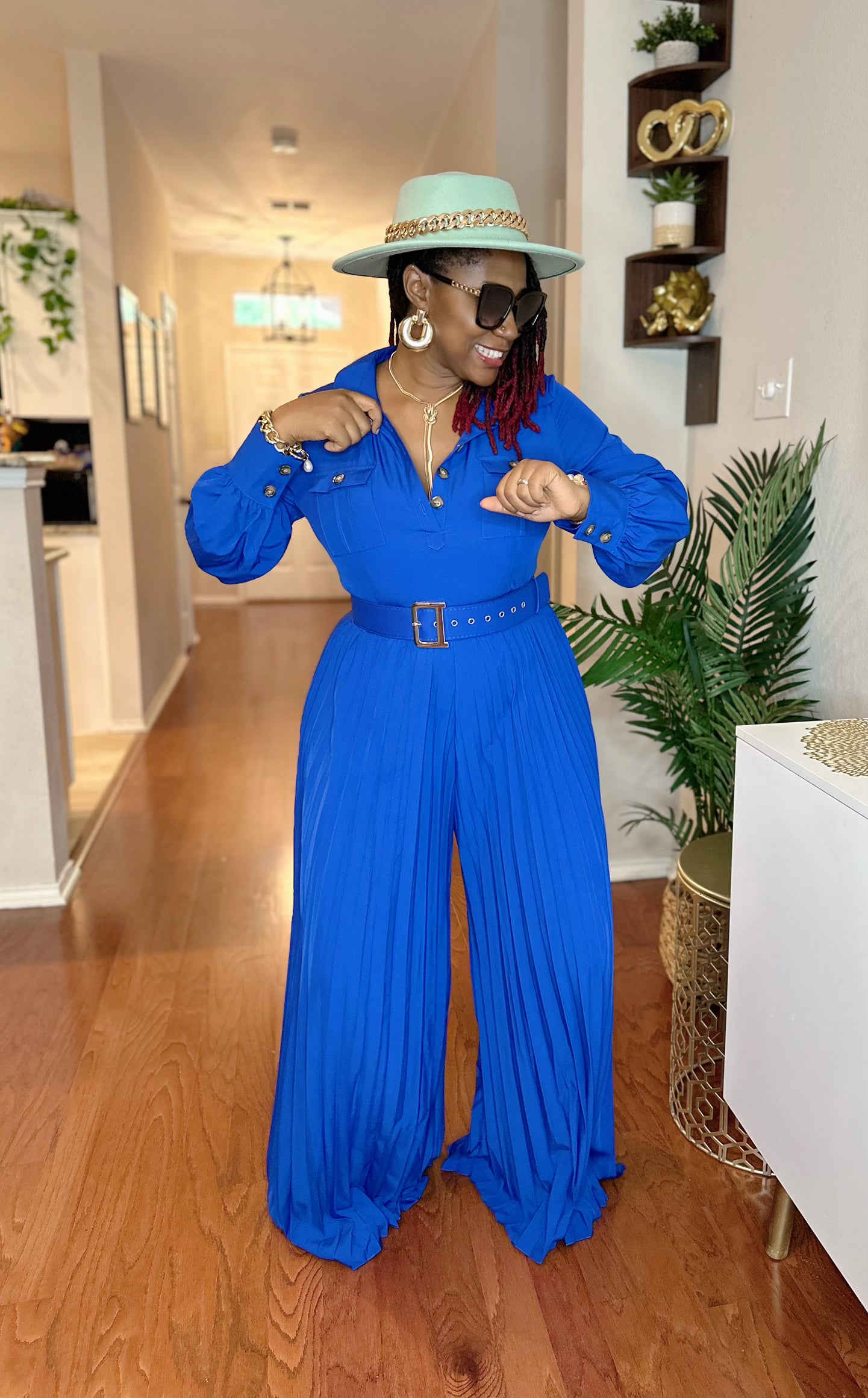 YOU AFRICAN LAPEL RUCHED WIDE-LEG JUMPSUIT