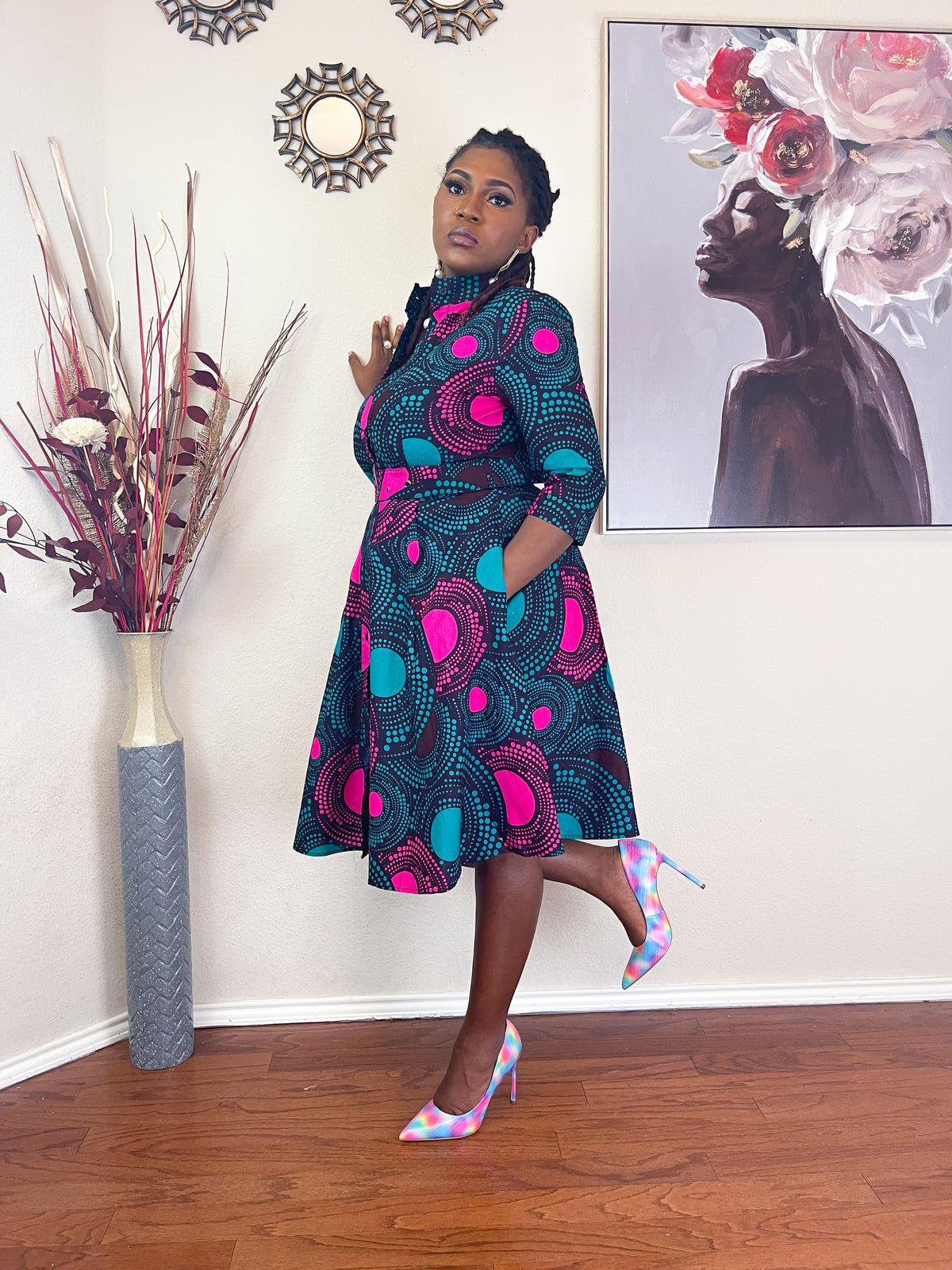 TRENDY AFRICAN BAND-COLLAR DRESS